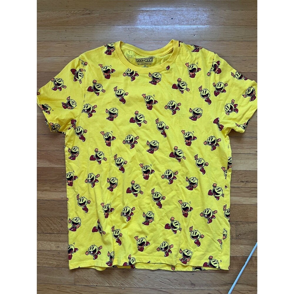 PAC-MAN all-over print yellow t-shirt video game character 1980s L yellow red